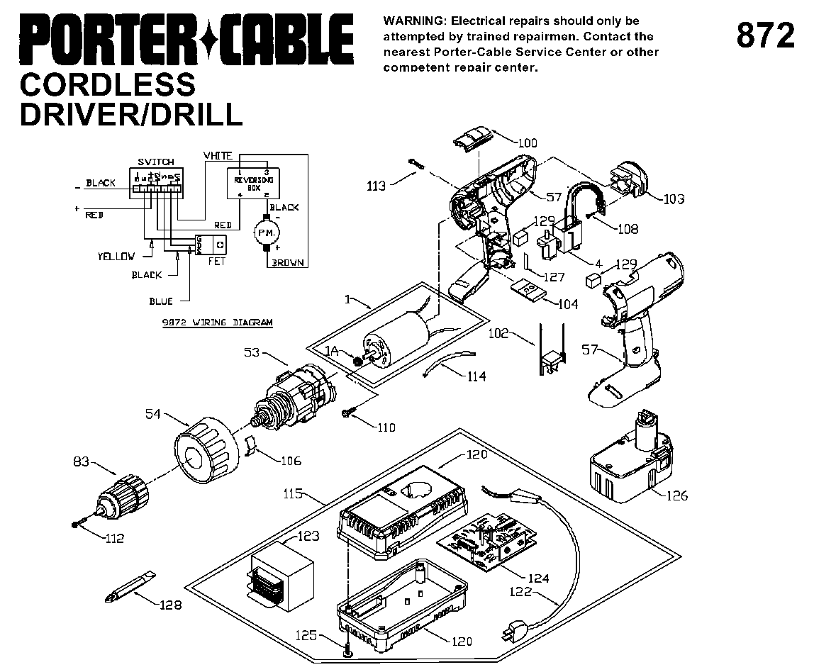 Default Diagram and Parts List for 9872 Type 1 Porter Cable Boring Machine